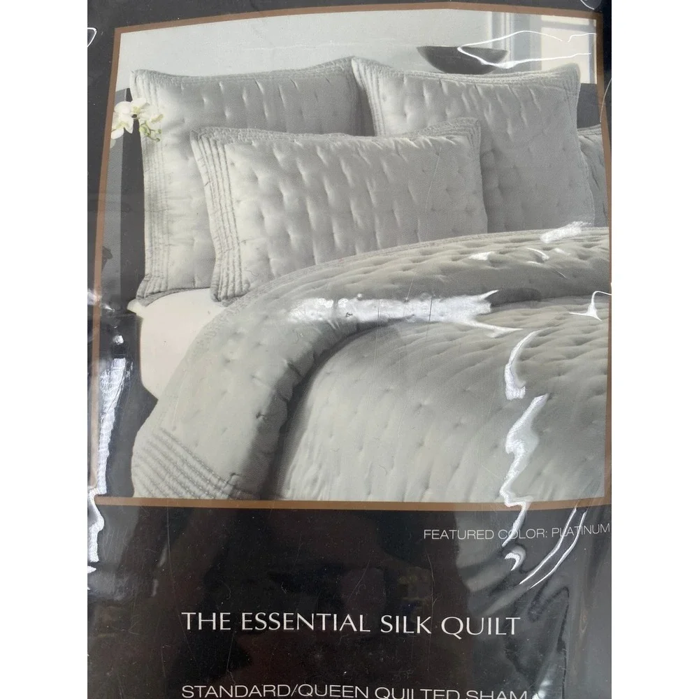 Donna Karan Home Quilted Sham Standard Queen Platinum Silk Blend Tack Stitch